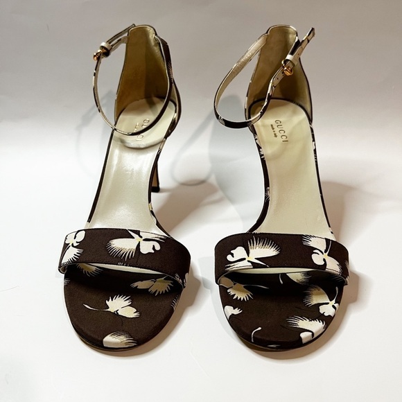 GUCCI Floral Printed Brown Ankle Stiletto Heels Sandals Size 7 - Picture 1 of 7
